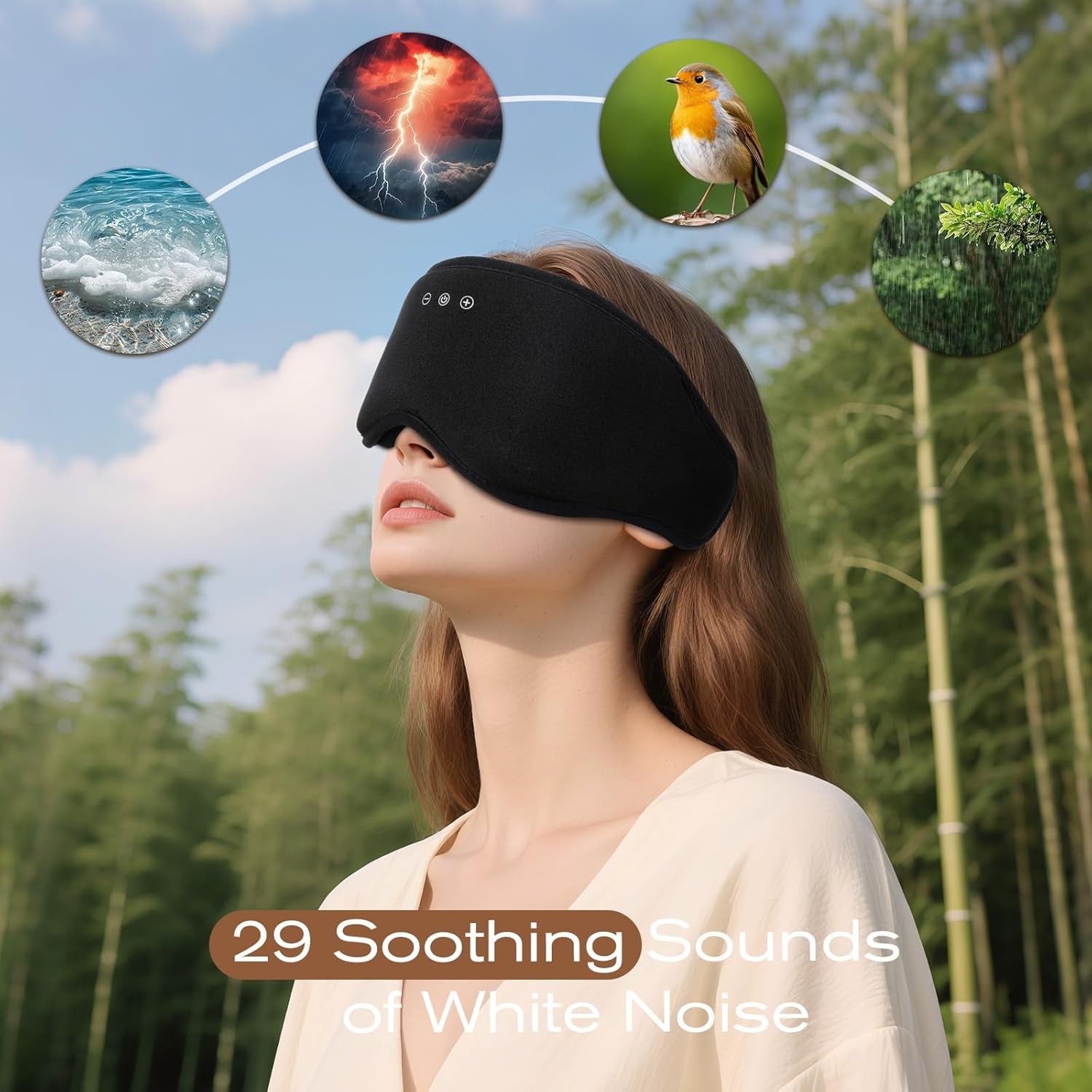 Sleep Eye Mask with Wireless Headphones - 29 Soothing White Noise Sounds, 3D Zero Pressure Bamboo Cotton Eye Maks for Women & Men, Blackout Sleeping Masks for Side Sleeper, Removable Eye Cover (Black)