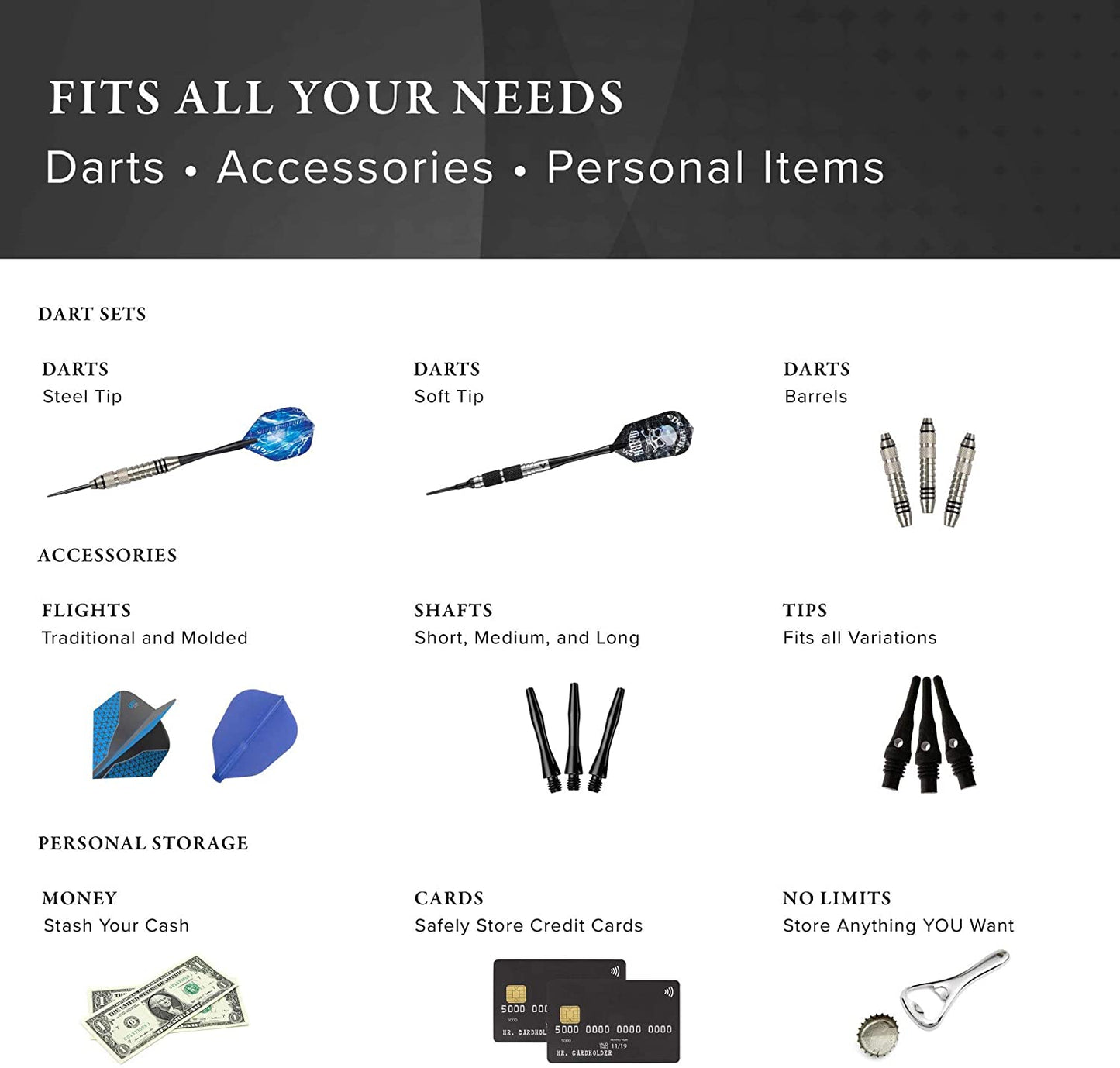 Plazma Dart Case for Soft and Steel Tip Darts, Holds 3 Darts and Features Built-In Storage Tube and Pockets for Flights, Tips, Shafts, and Personal Items