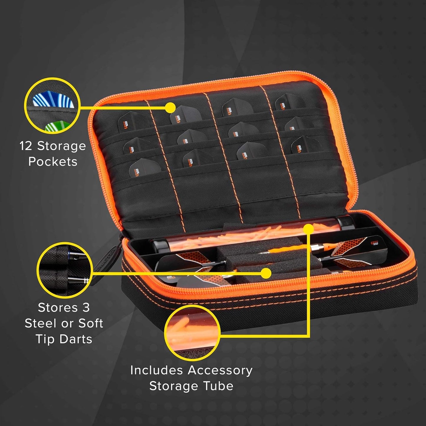 Plazma Dart Case for Soft and Steel Tip Darts, Holds 3 Darts and Features Built-In Storage Tube and Pockets for Flights, Tips, Shafts, and Personal Items