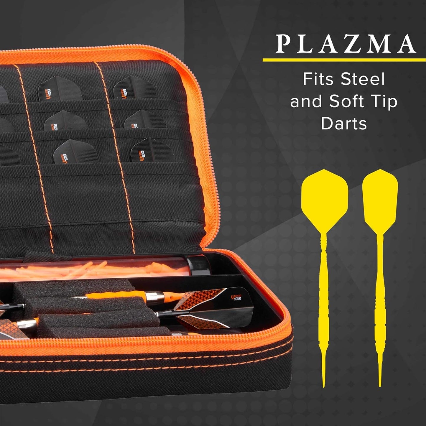 Plazma Dart Case for Soft and Steel Tip Darts, Holds 3 Darts and Features Built-In Storage Tube and Pockets for Flights, Tips, Shafts, and Personal Items